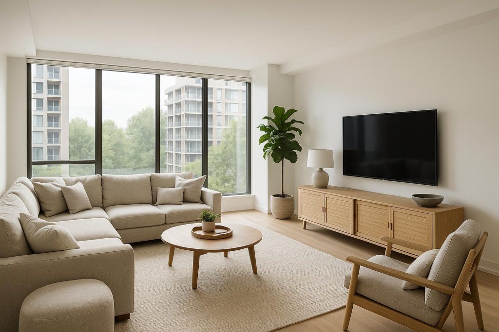 Modern luxury condo living room with large open layout and bright natural light.