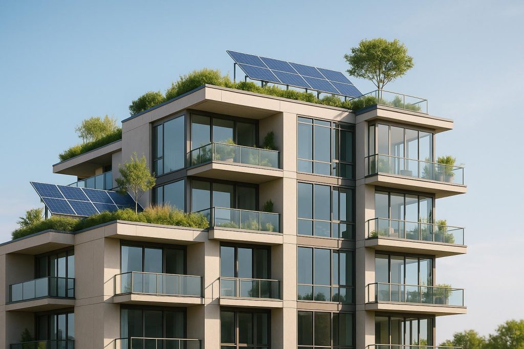 Modern luxury condos featuring rooftop greenery and sustainable design elements.