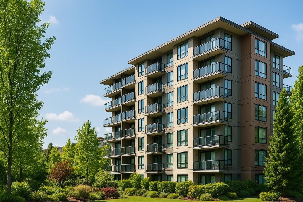 Modern new Burnaby apartments under sunny skies.