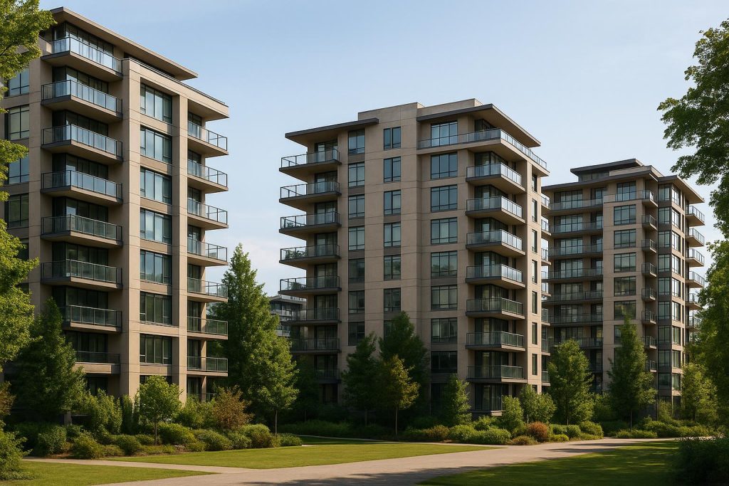 New Burnaby apartments with eco-friendly design elements and greenery.