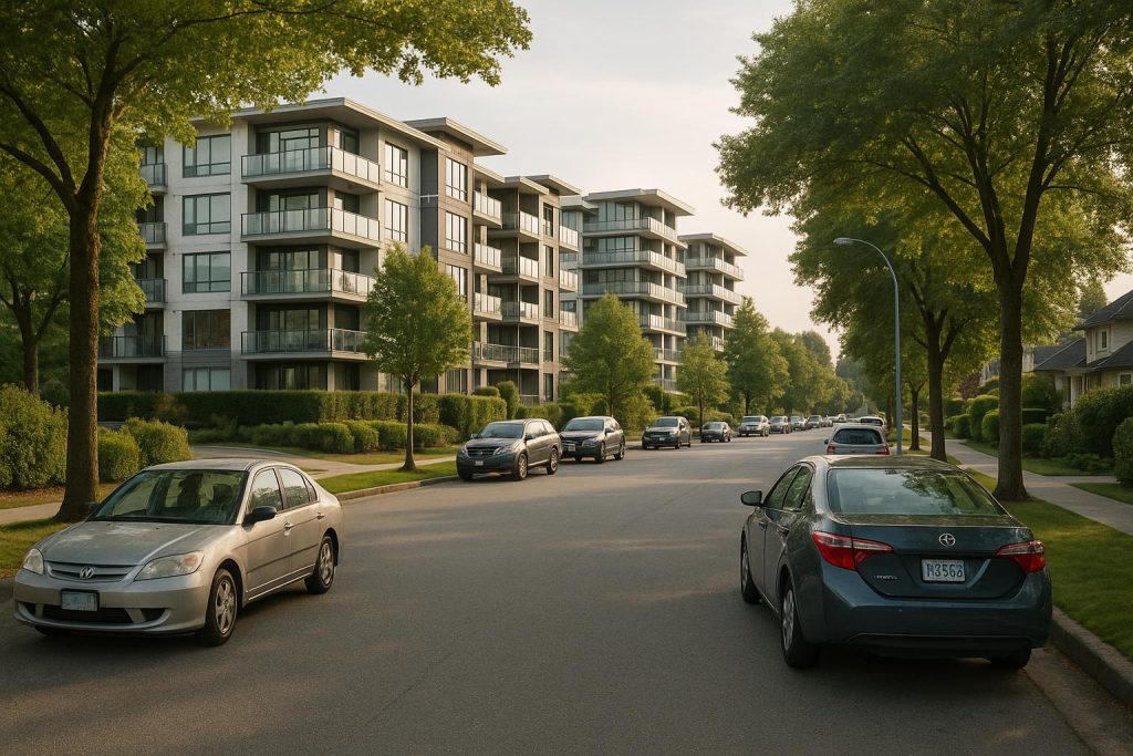 Quiet Burnaby street lined with parked cars near new burnaby apartments.