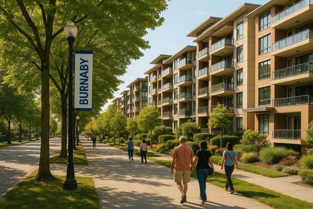 Pedestrians walking on a tree-lined street near new Burnaby apartments