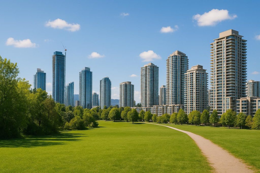 A sunny view of Burnaby with new apartments and green spaces in the background.