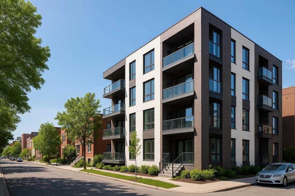Contemporary multifamily building with modern design in a vibrant neighborhood.