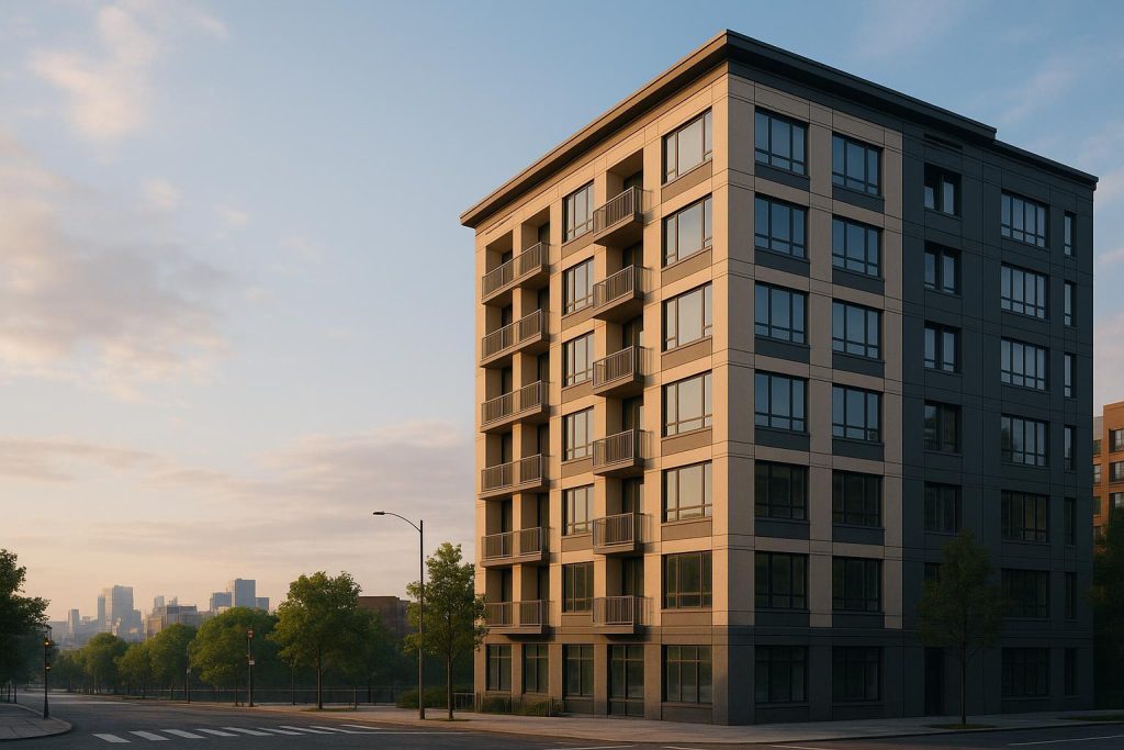 Modern multifamily building exterior with balconies under natural daylight.