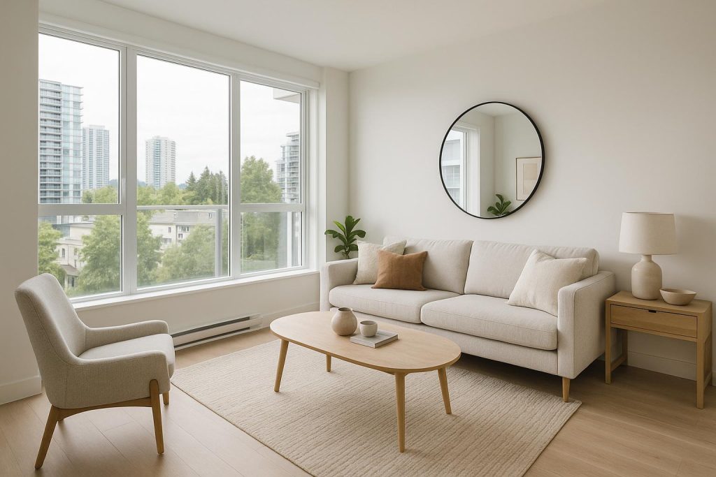 Modern 1-bedroom Burnaby apartment with bright, neutral decor and large windows.