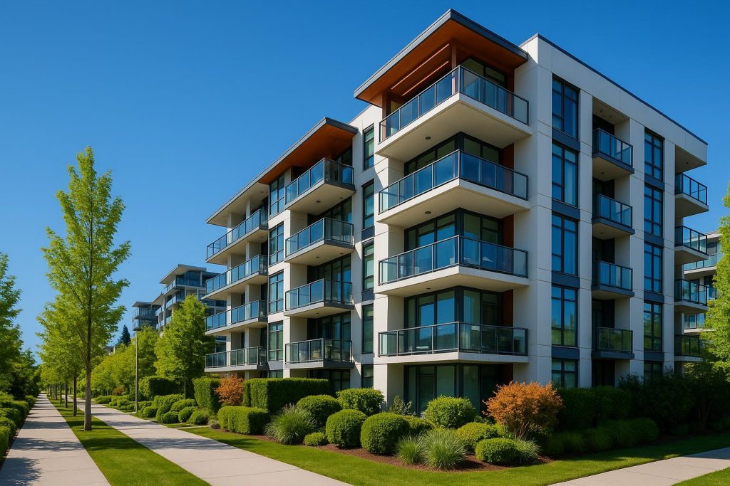 Contemporary Burnaby streetscape near new Burnaby apartments.