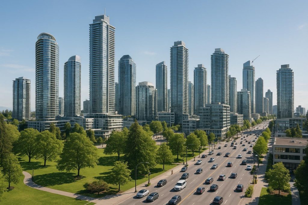 Bustling Burnaby skyline near new burnaby apartments in daytime.