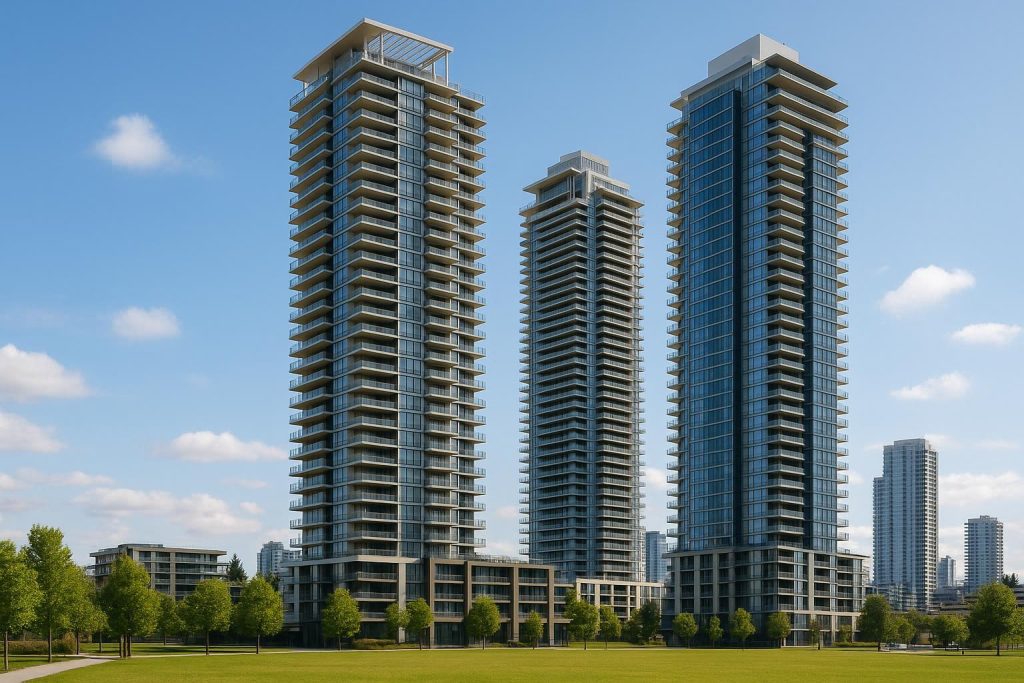 Overlooking new Burnaby apartments with modern high-rise condos in bright natural light.