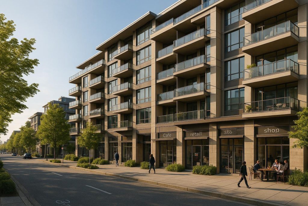A new mixed development condo in Vancouver with retail on the ground floor and apartments above.