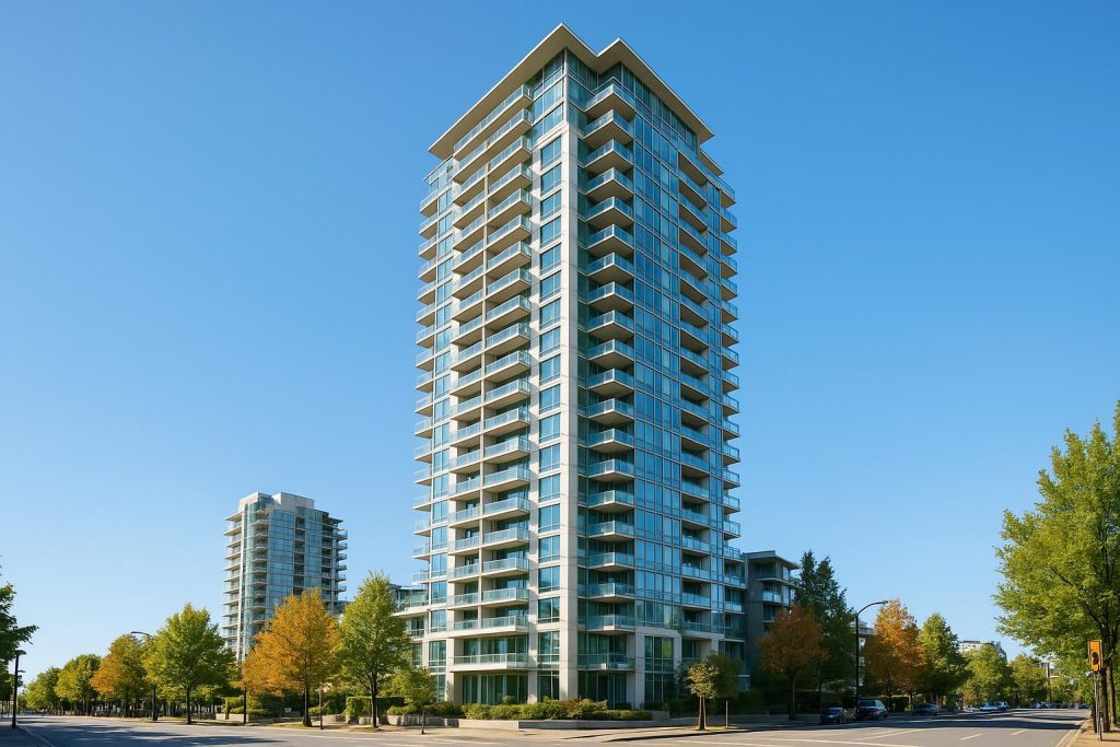 Modern Vancouver condos in bright daylight viewed from the street.