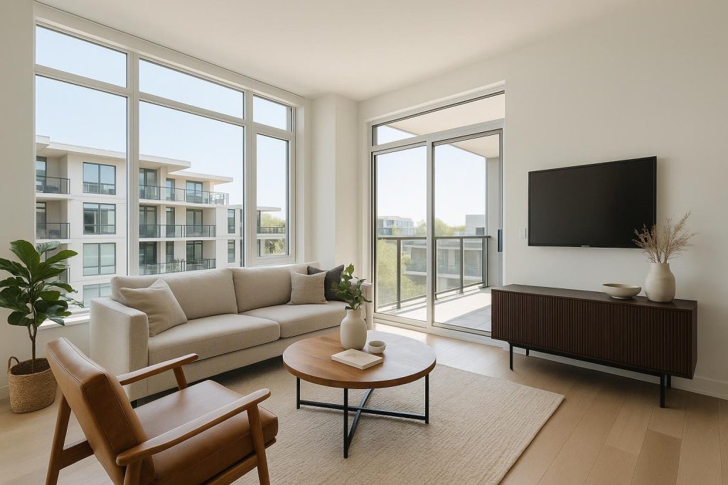 Modern living space in new Vancouver apartments featuring natural light and sleek built-ins.