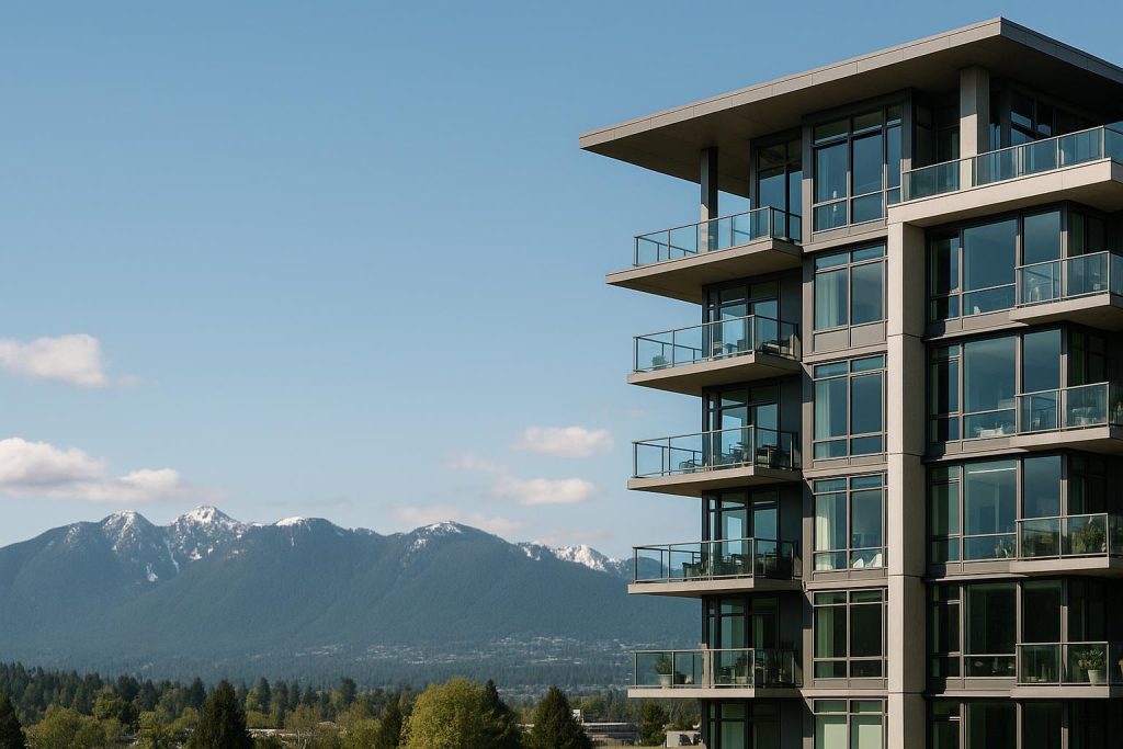 Modern new Vancouver apartments with a scenic mountain backdrop.