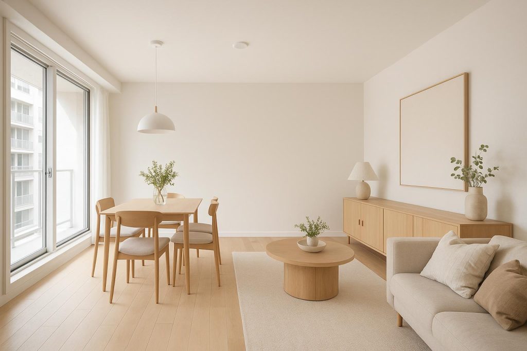 Bright modern condo in a new Vancouver apartment showcasing open-concept living.