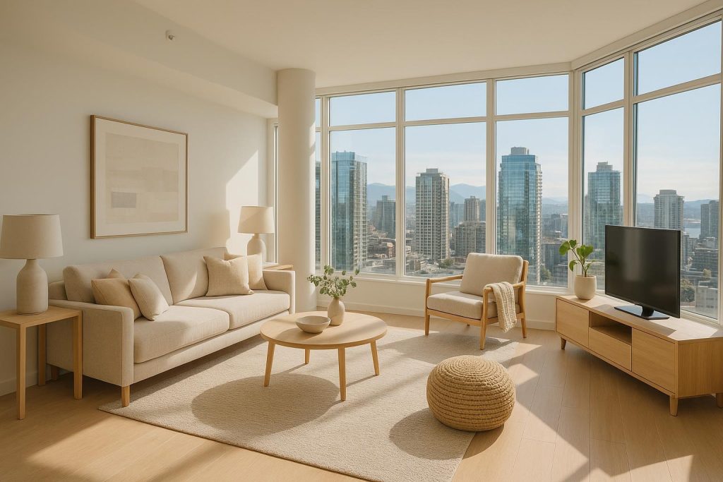 Bright modern living room of new Vancouver apartments with city skyline in the background.