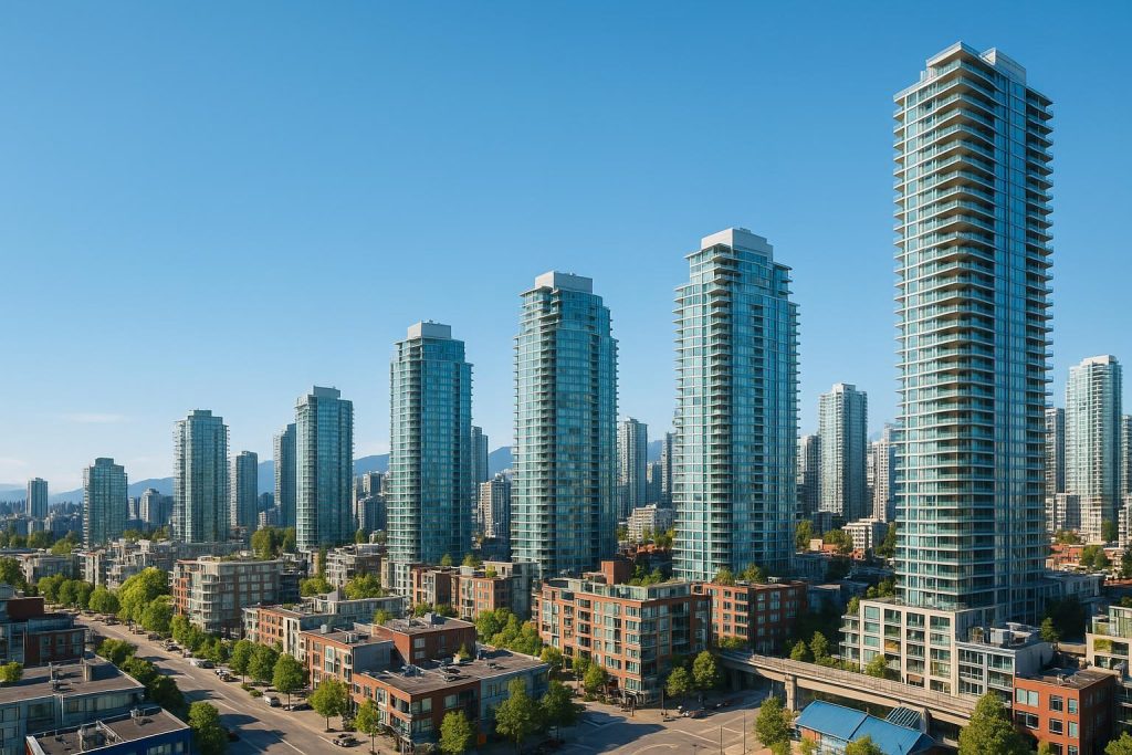 New Vancouver apartments in a bright urban scene with modern condo towers.