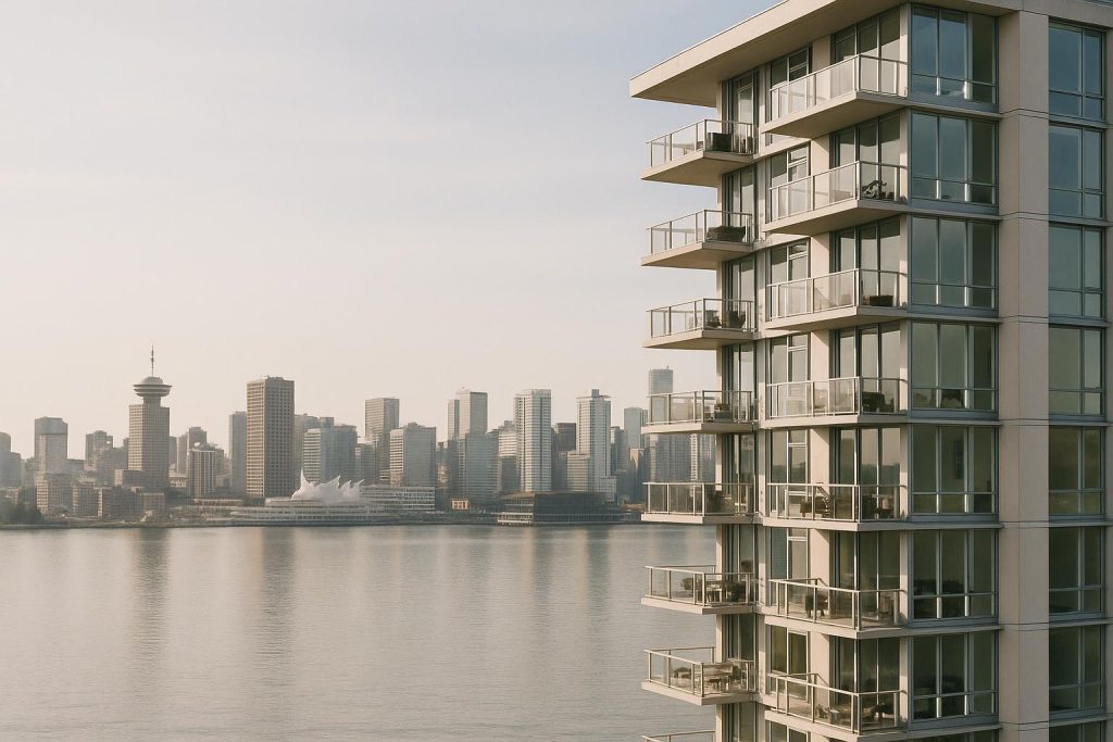 Modern high-rise for new vancouver apartments, with city skyline behind.