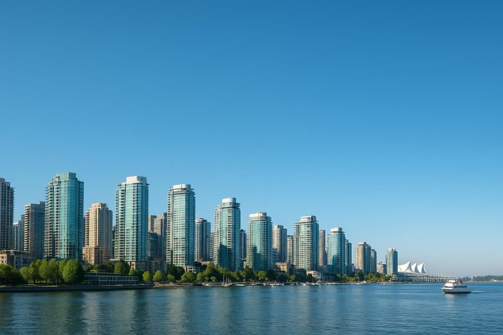 Skyline showing new Vancouver apartments and condo towers along the water.