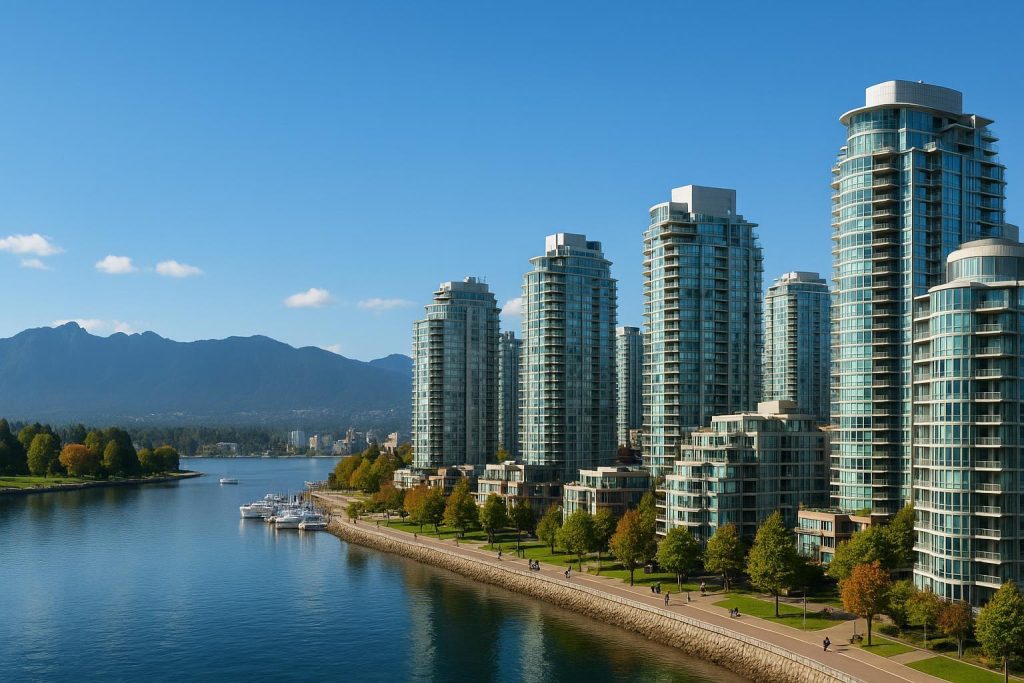Sunny view of modern Vancouver apartments with mountain backdrop.