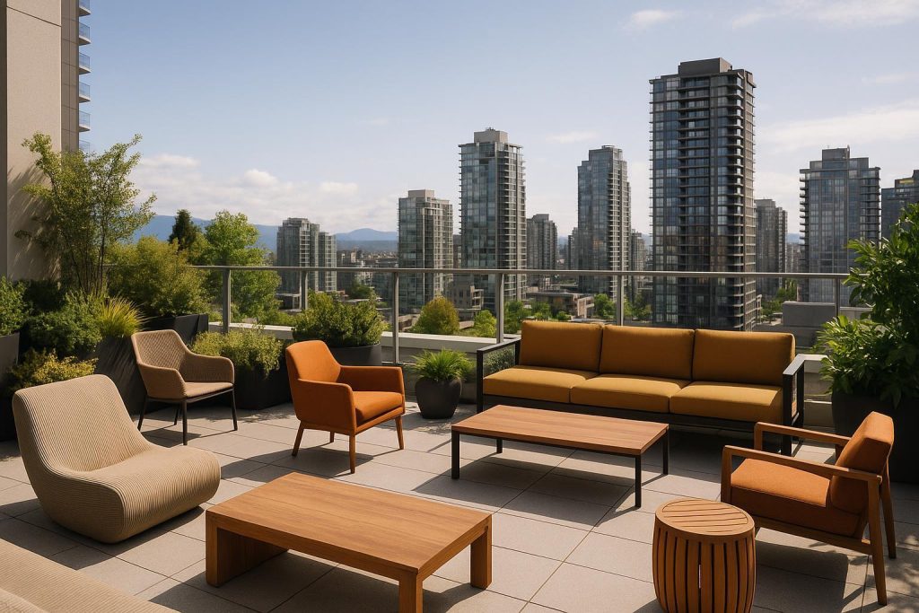 Rooftop lounge in Vancouver condos with seating and greenery against the city skyline.