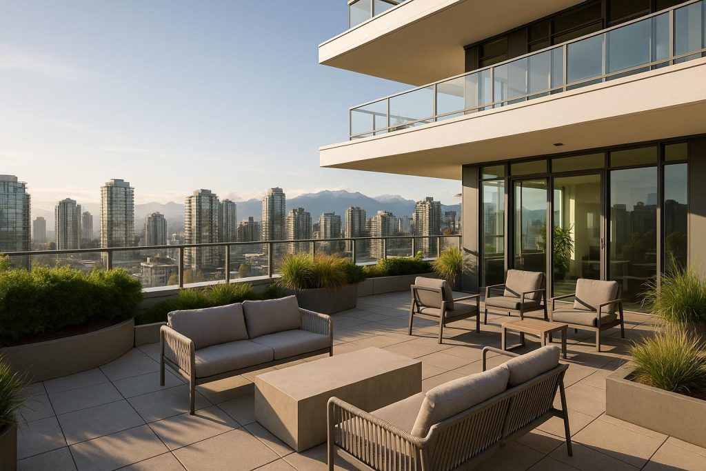Rooftop lounge in Vancouver condos showcasing comfortable seating and city skyline views.
