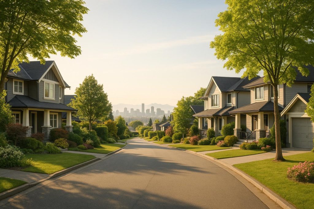 Bright suburban Vancouver street near family homes and new Vancouver apartments.