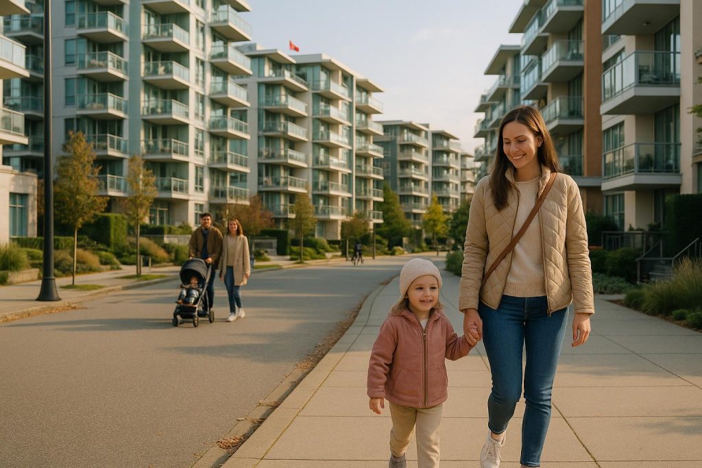 Families enjoy a modern neighbourhood with new Vancouver apartments in a vibrant urban setting.