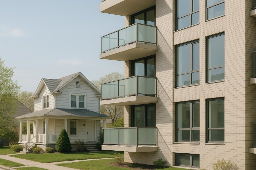 Modern condo building alongside a single-family home, symbolizing real estate investment opportunities.