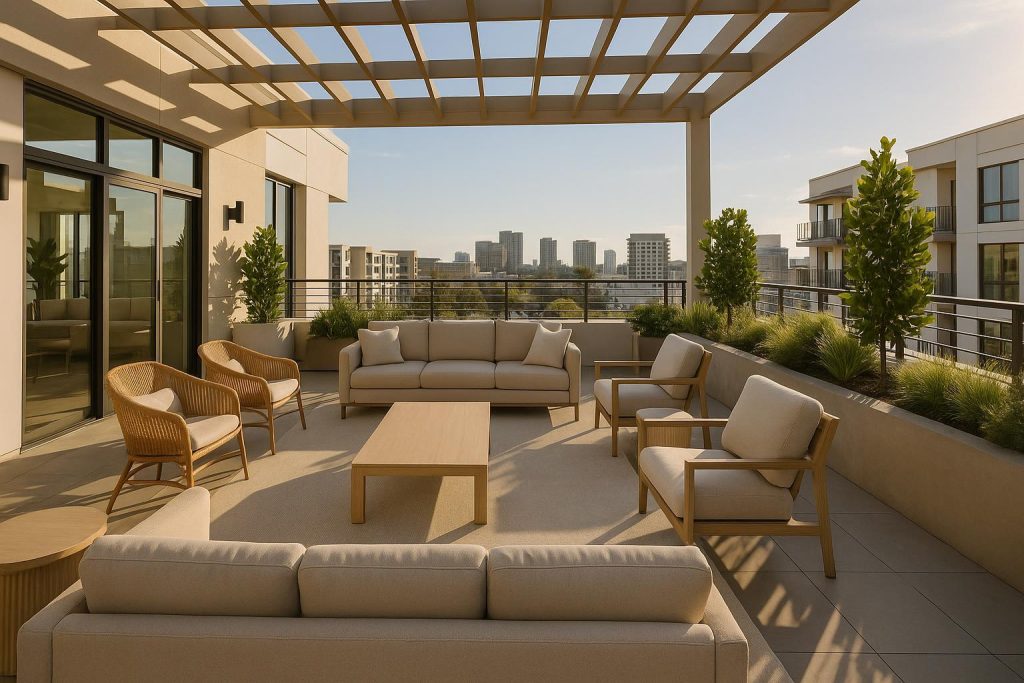Contemporary rooftop lounge in a modern new apartment complex with seating, greenery, and open space.