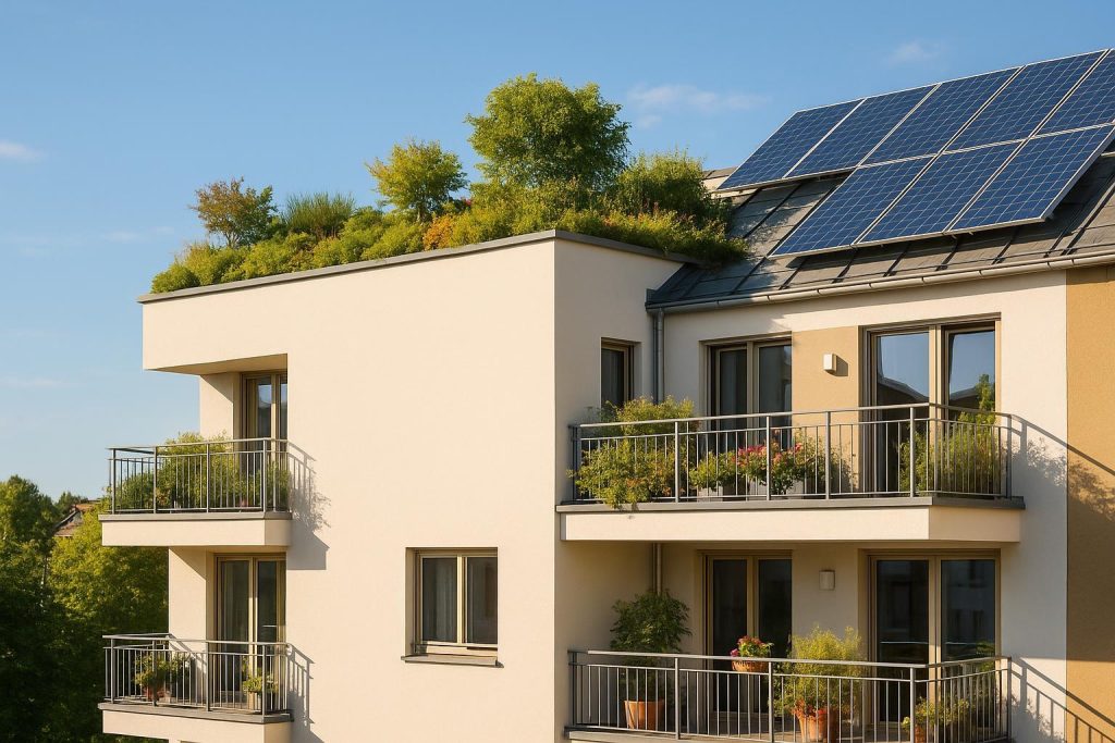 Eco-friendly multi-family building with a rooftop garden and solar panels for sustainable living