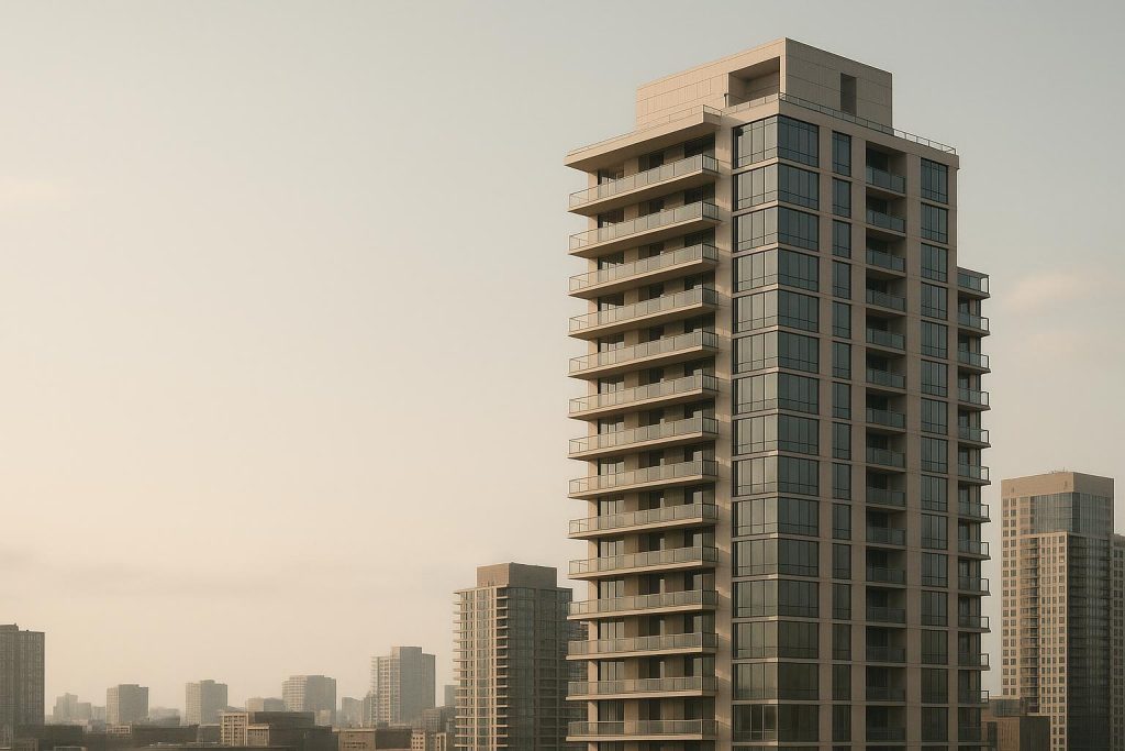 Modern high-rise condominium tower showcasing high-density residential living.