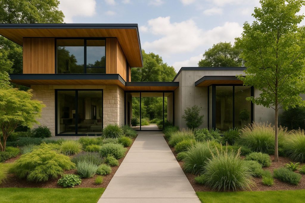 Modern sustainable features showcased in exclusive estate designs with lush greenery.