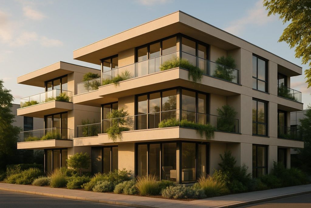 Modern multi-family housing complex showcasing refined builds with ample windows and landscaped surroundings.