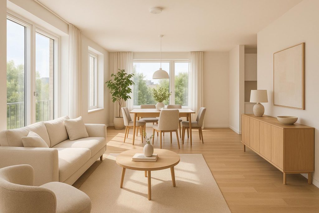 Open-concept living space featuring modern refined builds design.