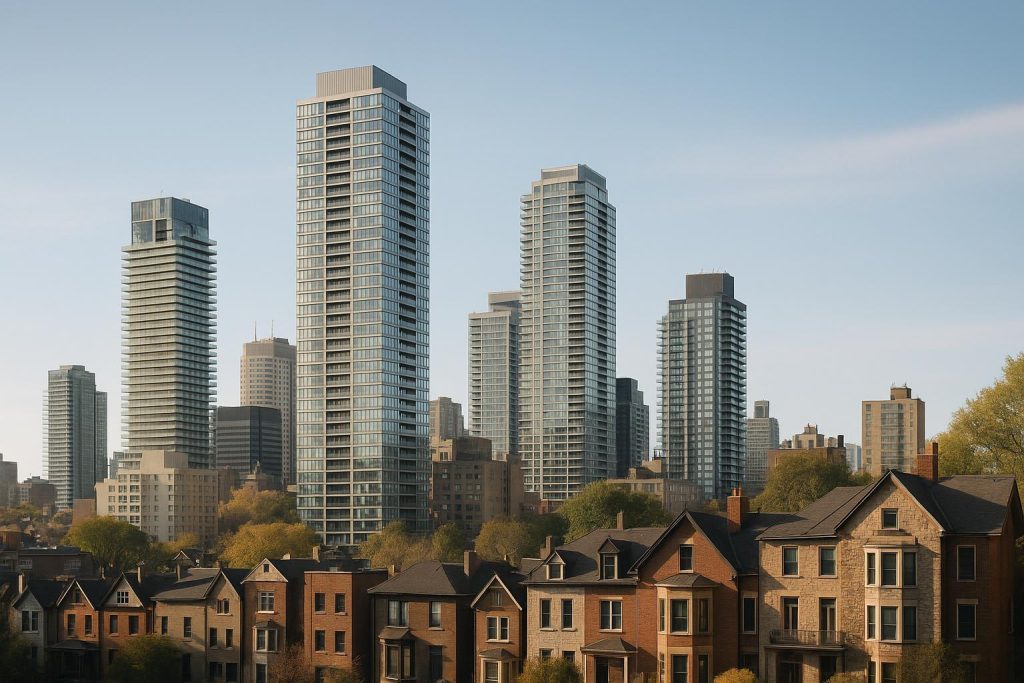 Downtown condo listings showing older and newer towers side by side in bright daylight.