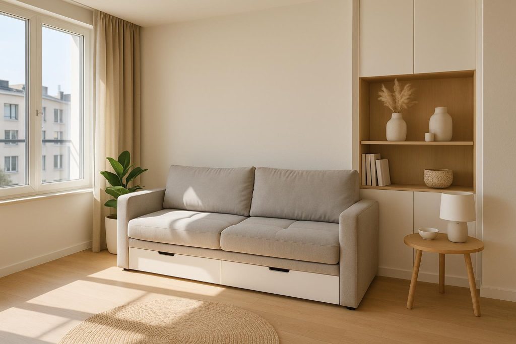 Bright modern condo with multifunctional furniture, highlighting spacious condo living