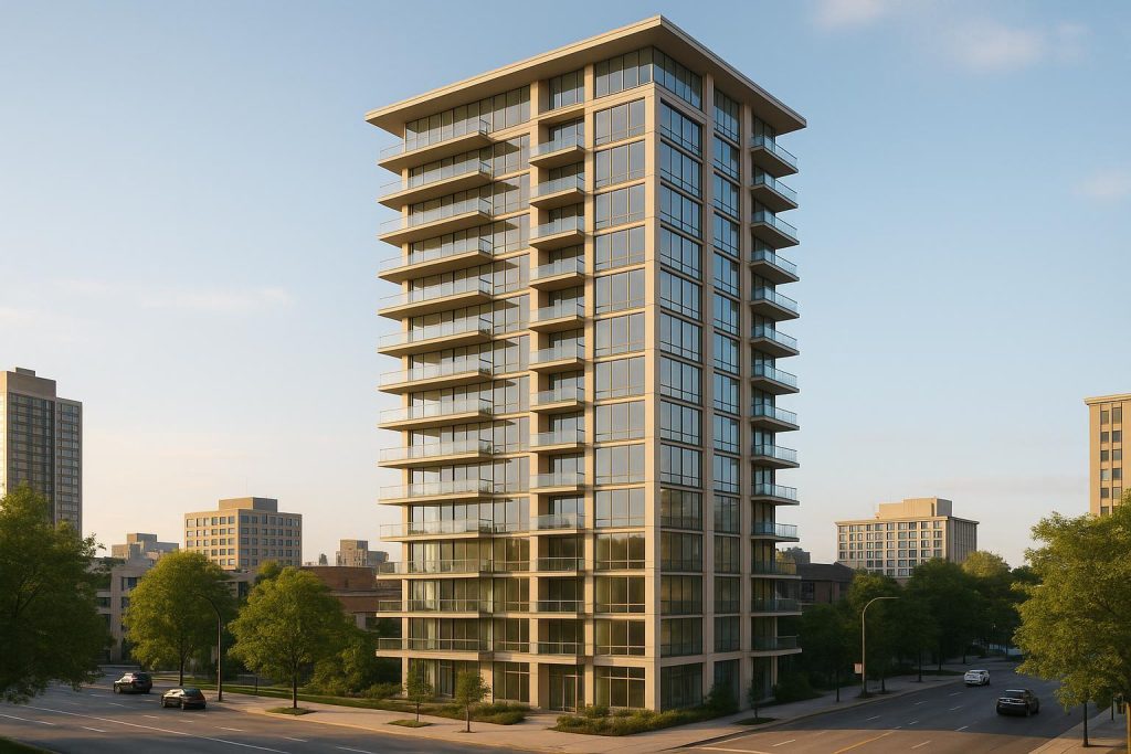 Modern luxury condo building with glass façade representing multi-family housing.