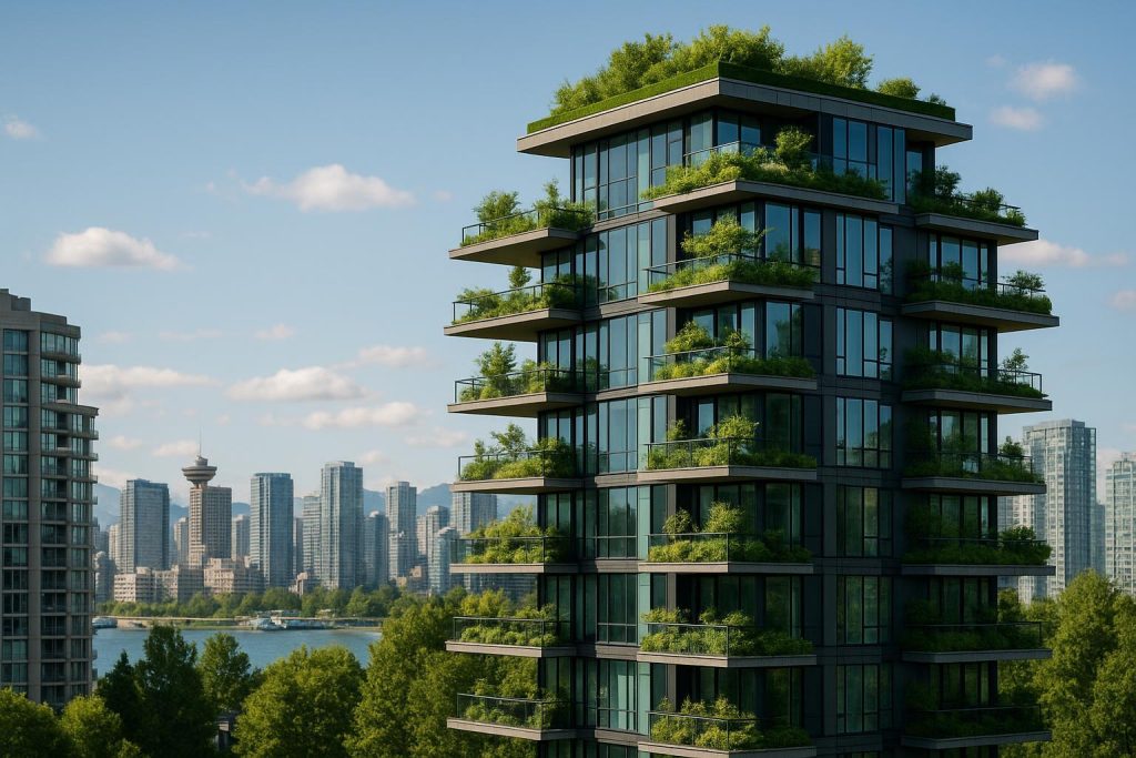 Vancouver condo displaying green building features with lush balconies.