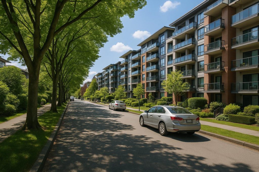 Quiet Vancouver neighborhood with modern apartments, reflecting safest part of Vancouver real estate.