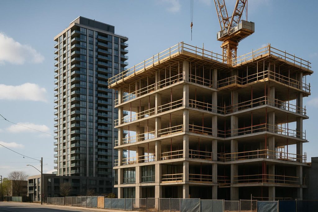 Modern condo under construction beside a completed building, illustrating presale.