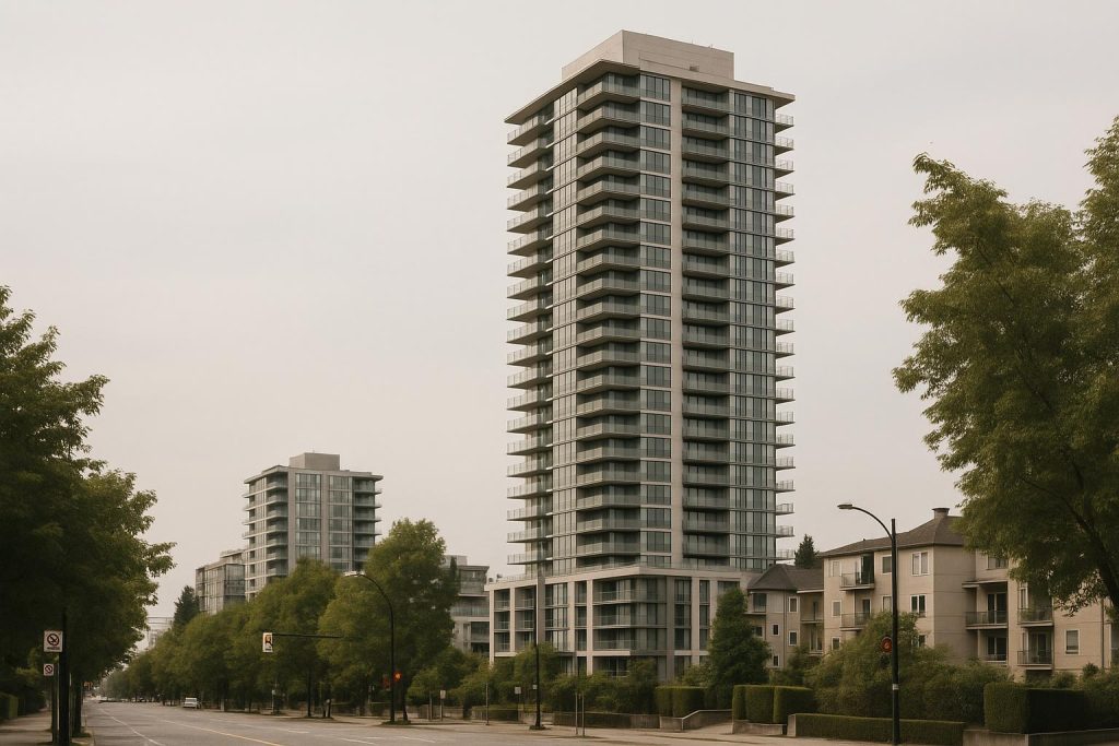 Modern condo tower in Vancouver representing presale developments.