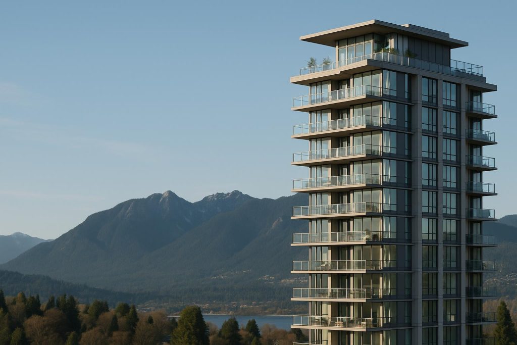 Modern presale condo building in Vancouver with mountain backdrop