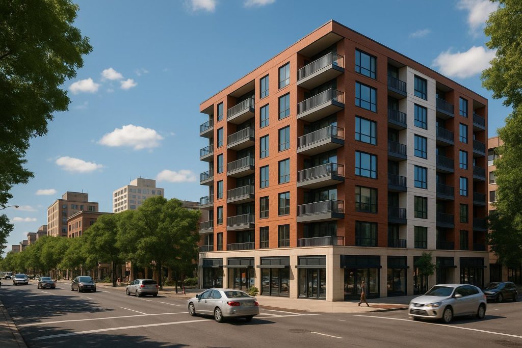 Modern future mixed-use property with retail below and residences above in a bright city setting.