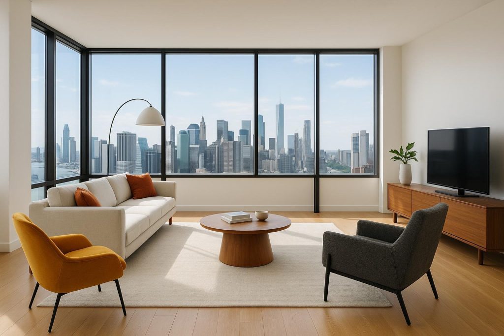 A luminous living room with panoramic windows showcasing bespoke upscale residences.