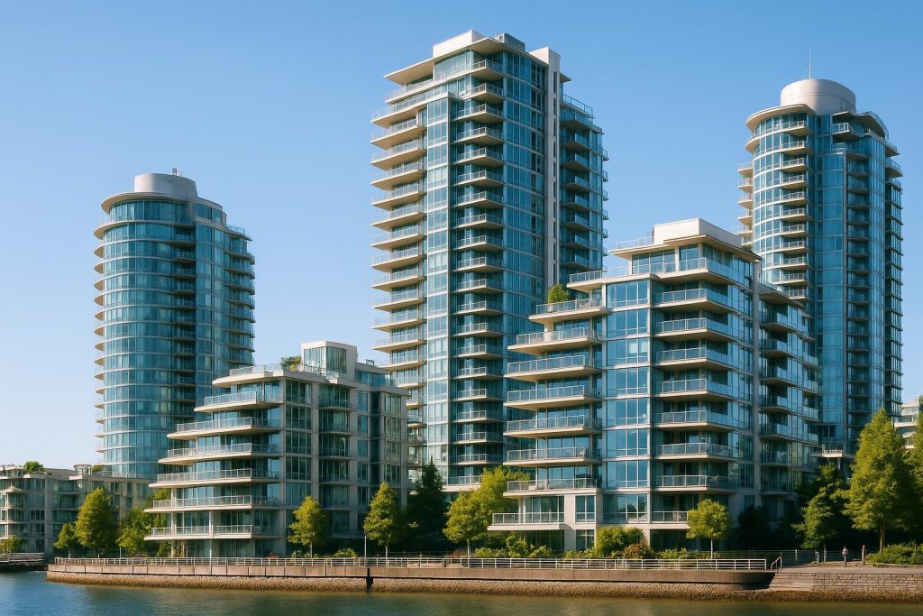 Bright view of Vancouver condos near the waterfront, showing modern high-rise buildings.