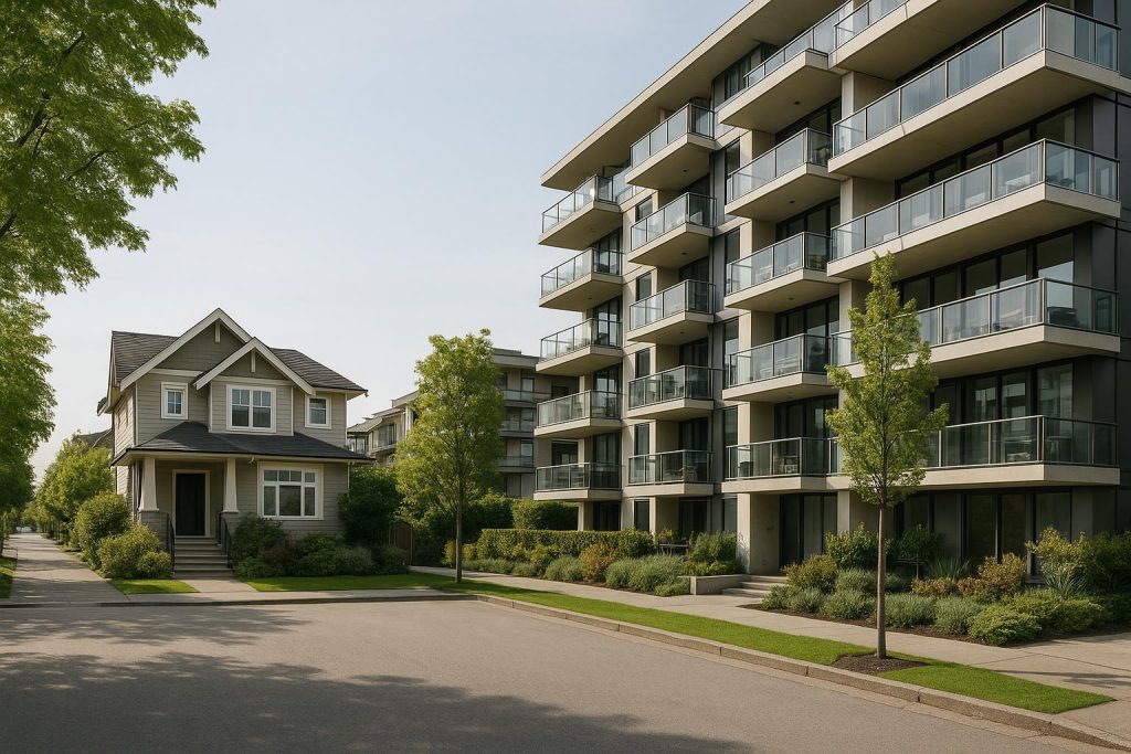 Modern Vancouver condos next to a single-family home, illustrating local investment options.