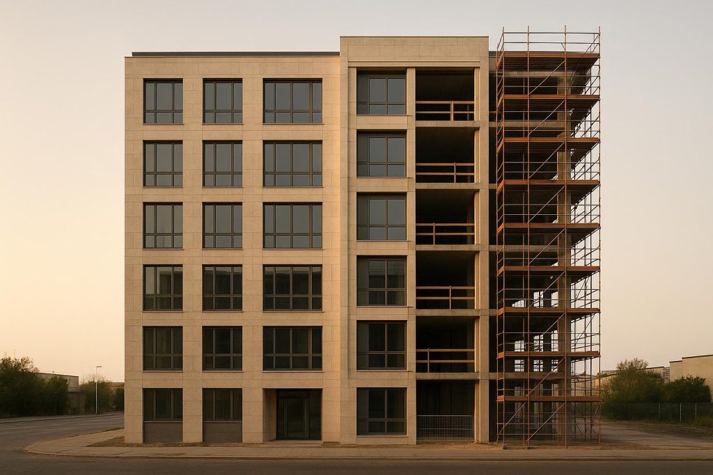 Modern building under renovation for luxury rental property expansions, scaffolding on one side.