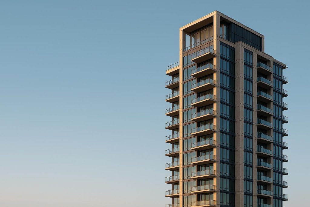 Modern luxury condo exterior featuring glass facade and refined landscaping.