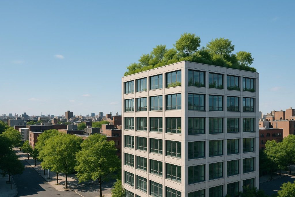 Modern building with a green rooftop, illustrating sustainable buildings for investment.