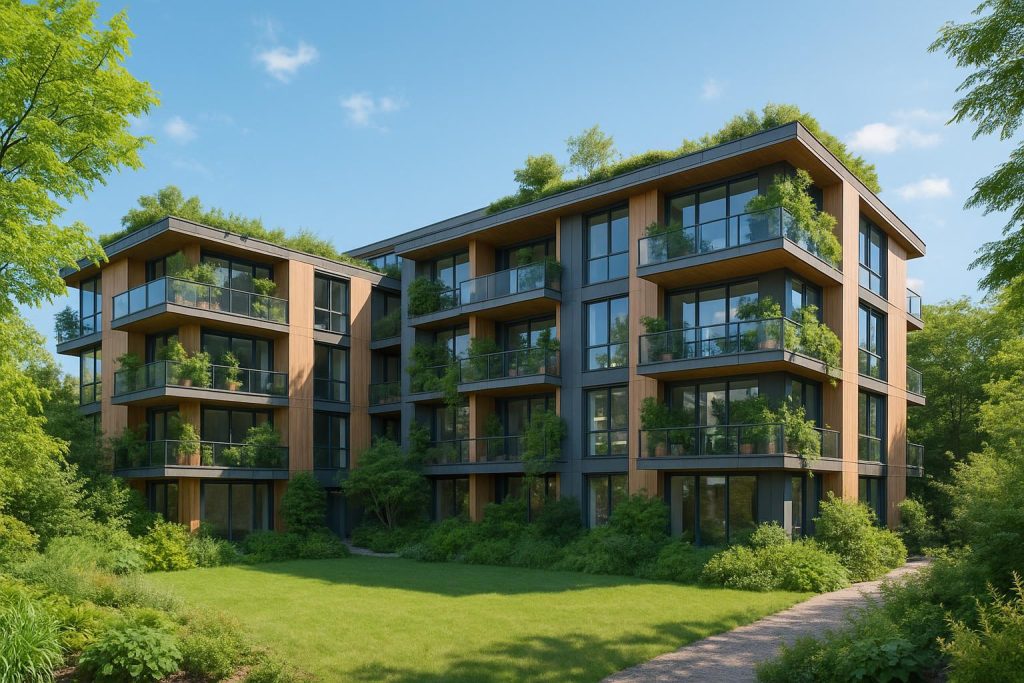 A modern eco condo building with sustainable design elements for eco condo living.